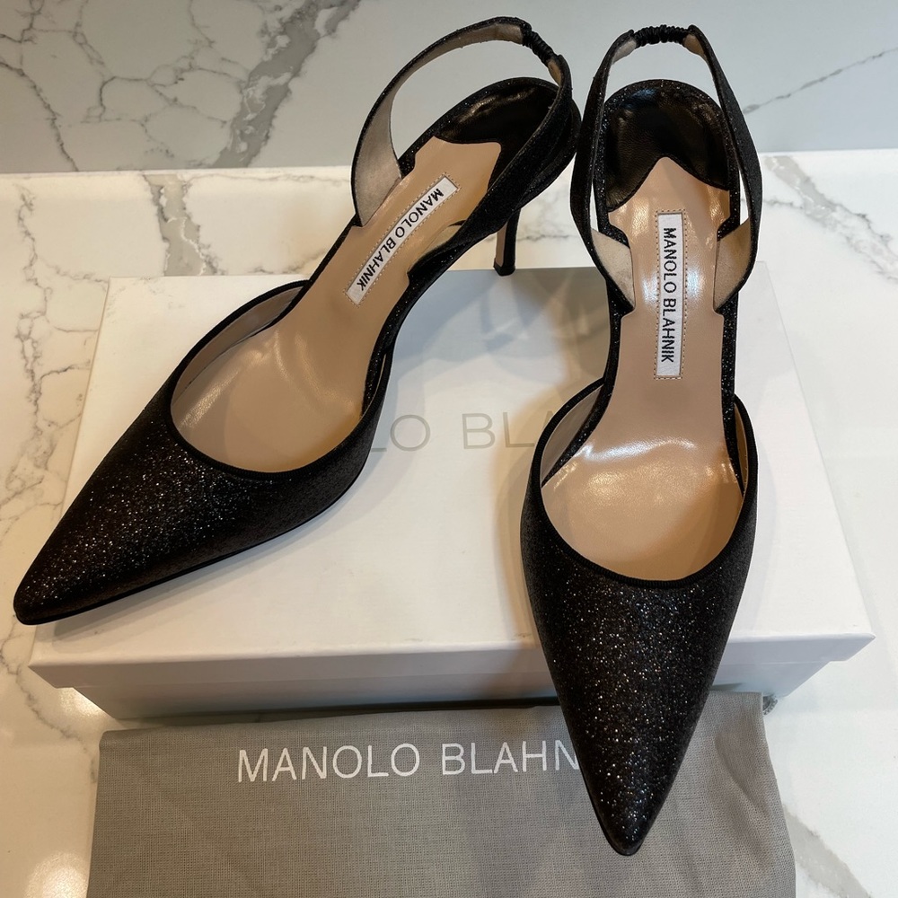 Manolo Blahnik Carolyne Glitter Leather Mid-Heel Halter Pump 9.5B /39.5